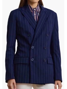 Lauren Ralph Lauren Women’s Pinstripe Double-Breasted Wool Blazer Navy Sz 8 NWT